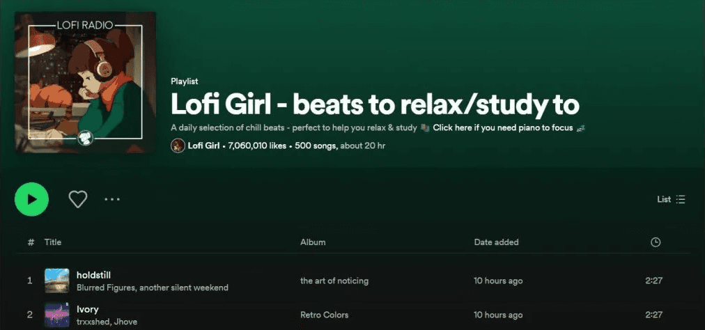 lofi girl playlist title with image, and top 2 songs